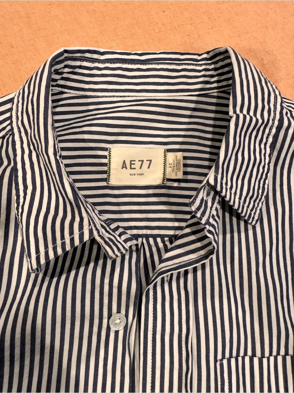 AE 77 Premium Collection Navy and White Striped Button-Down Shirt.